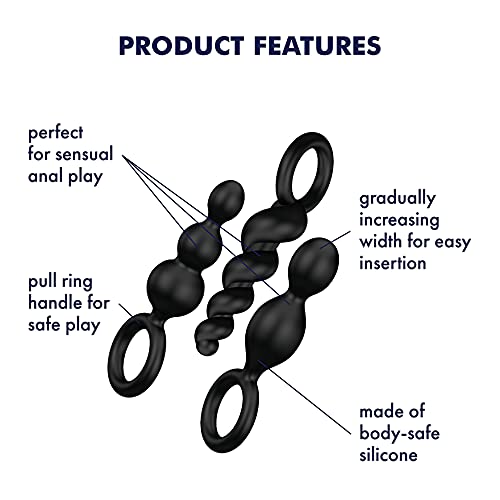 Satisfyer Booty Call Anal Plugs 3 Piece Set - Butt Plug, Anal Dildo, 3 Different Structures, Soft Silicone, Increasing Diameter, Retaining Ring - Ideal for Beginners and Anal Training (Black)