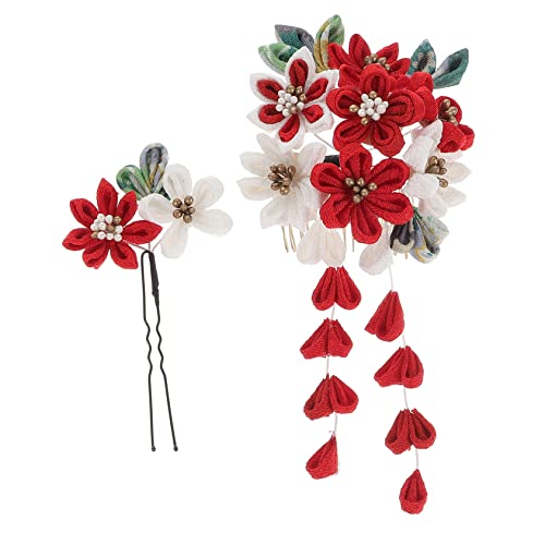 Beavorty 1 セット 籐ドレープかんざし サテンローブ 櫛 ヘアジュエリー 女性用着物 蝶のヘアクリップ 花のヘ ック 和風かんざし 花のヘアクリップ 和風頭飾り コットン 赤