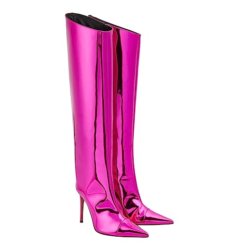 Image of Arqa Knee High Boots for Women Wide Calf 4 in Stiletto High Heel Metallic Boots Winter Chrome Zipper Long Boots Dressy Party Shoes