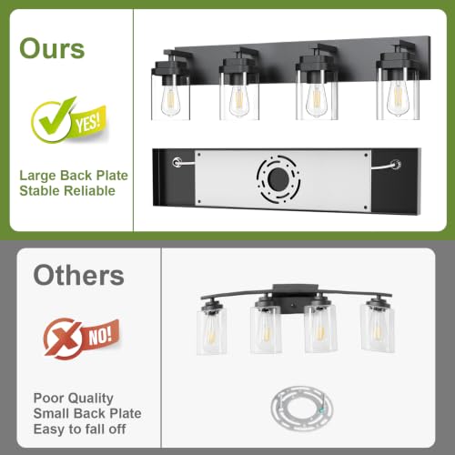 Image of Black Bathroom Light Fixtures, 4 Lights Bathroom Lighting Fixtures Over Mirror, Square Design & Rectangle Large Backplate, Modern Vanity Lighting Fixtures, for Bathroom /Living Room /Bedroom