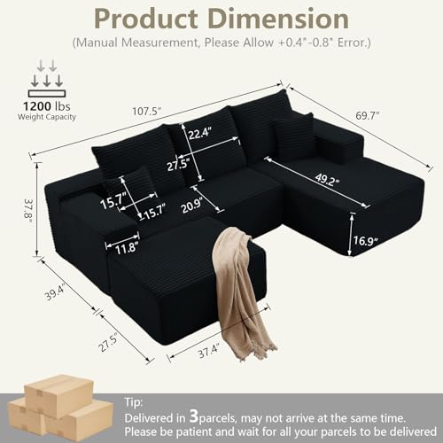 Image of Lakifun 107 inch U-Shape Cloud Couch, Modern Modular Sectional Comfy L-Shape Sofa with Ottoman, Deep Seat, Upholstered Corduroy Sleeper Chaise Longue for Living Room Bedroom, No Assembly Required, Black
