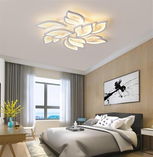 Image of LED Ceiling Light Dimmable, Living Room Lamp with Remote Control, Brightness Color Changing Flower Design White Acrylic Shade for Dining Table Bedroom Chandelier