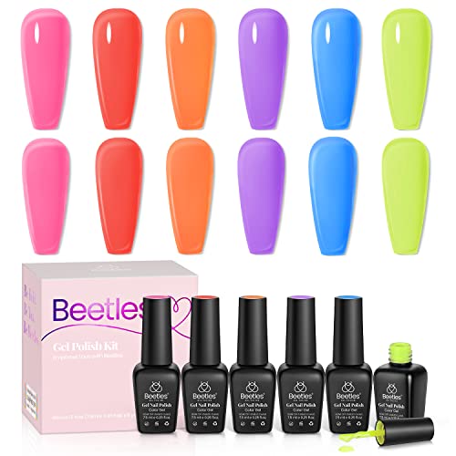Beetles 6 Colors Jelly Gel Nail Polish Kit, 2023 Summer Jelly Tint Neon Translucent Sheer Red Hot Pink Purple Bight Blue Yellow Gel Polish Soak Off Uv Led Gel Nail Manicure for Girls Women