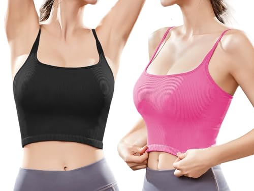 Image of Chilylori Seamless Sports Bra Cropped Tank Top with Adjustable Strap 2 Pack | Workout Tops Ribbed Sports Bra for Women Wireless Longline Crop Tank Padded Comfortable Brami