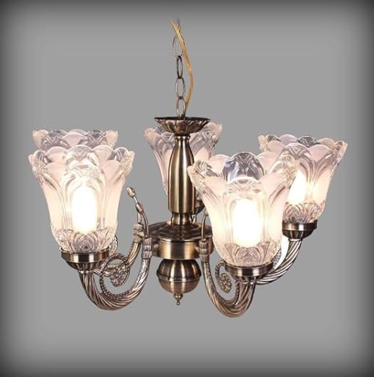Image of SUANI 5 Lamp Gold Plated Brass and Glass Antique Chandelier, Jhoomer, for Living Room, Dining Area, Hall, Office, Banquet Hall (Bulb Included)