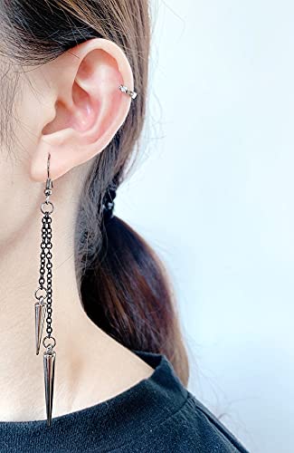 Black Spike Asymmetric Threader Drop Dangle Earrings for Women Men Teen Girls Boys Punk Personalized Cartilage No Pierced Cuff Long Chain Fish Hook Piercing Hanging Earrings for Boyfriend Daughter Son4