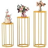 Lynxor Hexagon Pedestal Stands for Party, 3Pcs Gold Metal Columns Plant Stand Tables for Weddings Cake Pedestal Stand Floor Plant Tables Geometric Display Rack