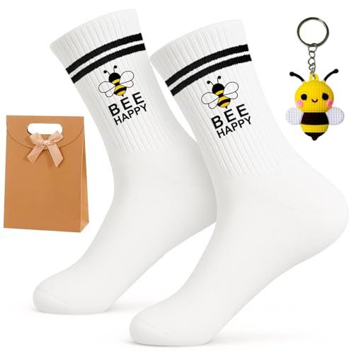 Bienen Geschenk Set Baumwolle Bienen Socken (36-44) Mit Schlüsselanhänger & Geschenktaschen Lustige Socken Geschenke Für Frauen Happy Socks Für Sport und Freizeit