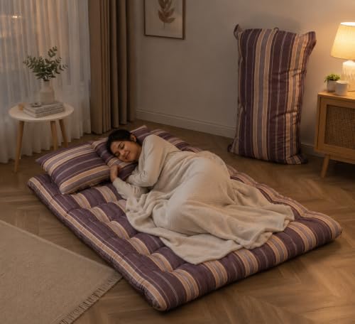 Image of Queen Mattress Bed Foldable Floor 5 x 6 Feet 14 KG White Cotton Rui Gadda (White and Mehroon Lining, Short Queen)