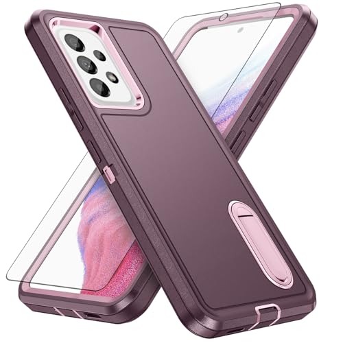 Asuwish Phone Case for Samsung Galaxy A53 5G with Screen Protector Cell Cover Hybrid Hidden Stand Rugged Shockproof Hard Heavy Duty Protective A 53 G5 53A SM A536U 6.5" 2022 Women Men (Purple+Pink)