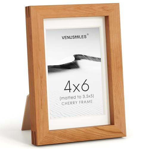 Image of 4x6 Picture Frame, USA-Sourced Natural Cherry Wood Photo Collage Frame with HD Tempered Glass, Modern Simple 4 x 6 Wooden Frame Matted to 3.5x5, Gallery Wall Frames for Art, Wall or Tabletop Display