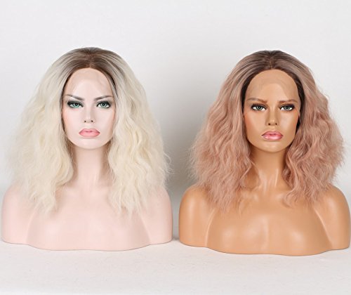 Belleet Fashion Ombre Hair Color Water Wave Synthetic Lace Front Wig Dark Roots Heat Resistant Fiber Wig For Women(Pink)