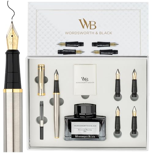 Image of Wordsworth & Black Fountain Pen Gift Set, 6 Cartridges, Refill Converter, 4 Replacement Nibs, Premium Package, Journaling, Calligraphy, Smooth Writing Pens [Silver Gold]