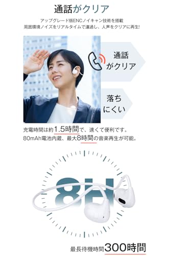 空気伝導イヤホン Bluetooth 5.4 骨伝導の進級版 オープンイヤーヘッドホン 耳を塞がない ENCノイズキャンセリング 超軽量15g 耳に快適にフィット ながら聴き 両耳 マイク付き ワイヤレスイヤホン 自動ペアリング 8時間連続再生 ハンズフリー通話 スポーツ/通勤/作業 ホワイト
