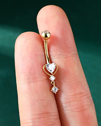 COCHARM 10k Yellow Gold Belly Button Rings Dangling 14G Heart Gold Belly Rings for Women Clear CZ Gold Belly Navel Piercing Jewelry2