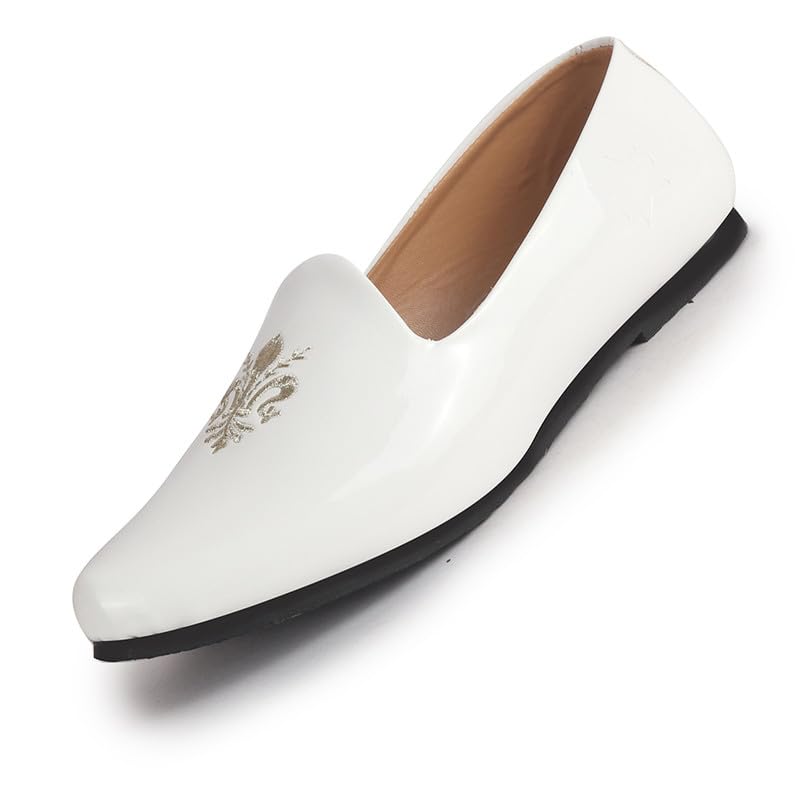 Image of FAUSTO Men's Patent Glossy Ethnic Embroidered Design Slip On Shiny Juttis & Mojaris for Party|Wedding|Festival