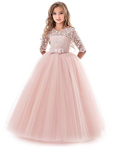 First Communion Dresses for Girls 7-16 Lace Flower Summer Holiday Party Wedding Dress 11T Girls Princess Long Sleeve Elegant Lace Tutu Tulle Dress Size 10-12 Floor Length Elegant for Girl (Pink 160)