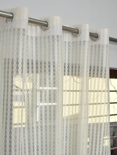 Image of FAB CASTLE Premium Sheer Net Curtain for Window 5 Feet | Transparent Net Fabric with Geometric Design | Pack of 1, Cream