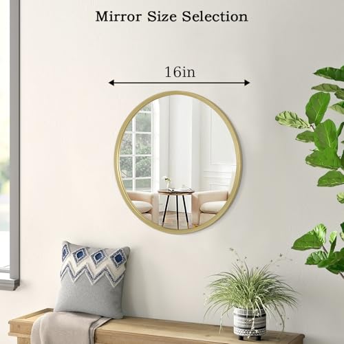 Image of Gold Bathroom Mirrors for Wall Round Horn Circle Brushed Small Mirror Wall Mounted Mirrors Anti Rust Aluminum Ative Mirror for Entryway Hallway Entrance Housewarming