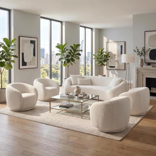 Image of 5 Piece Curved Sofa Set for Living Room, 93 inch Organic Modern Boucle Couch with 4 Swivel Barrel Chairs, Deep Seat Cloud Comfort Conversation Seating Furniture for Open Concept Spaces,Home Office