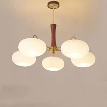 Modern Light Luxury Mid Century Milk Glass Chandelier Semi Flush Mount Ceiling Light Farmhouse Rustic Wood Hanging Pendant Light Round Sputnik Large Chandelier for Dining Room Living Room5 Lights Cha