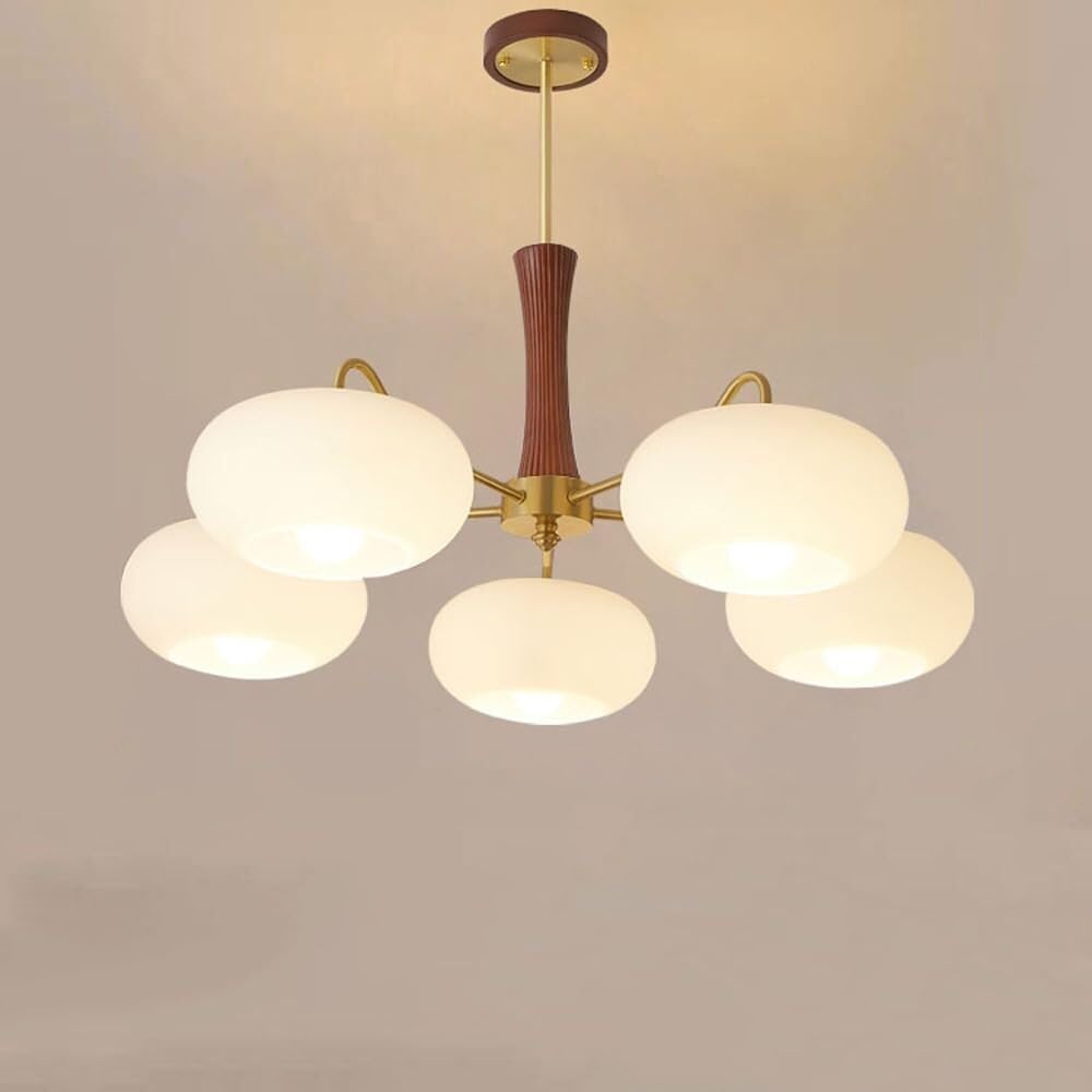 LYMSXAZOU Semi Flush Mount Ceiling Light Modern Milk Glass Chandelier Farmhouse Rustic Wood Hanging Pendant Round Large for Dining Room Living Bedroom