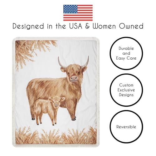 Image of Sweet Jojo Designs 4-Piece Baby Crib Bedding Set (Boho Highland Cow) for Girls /Boys, Infants /Nursery incl. Blanket, Fitted Sheet, Skirt, Diaper Stacker (Taupe Plaid & Farm Animal Watercolor Farmhouse)