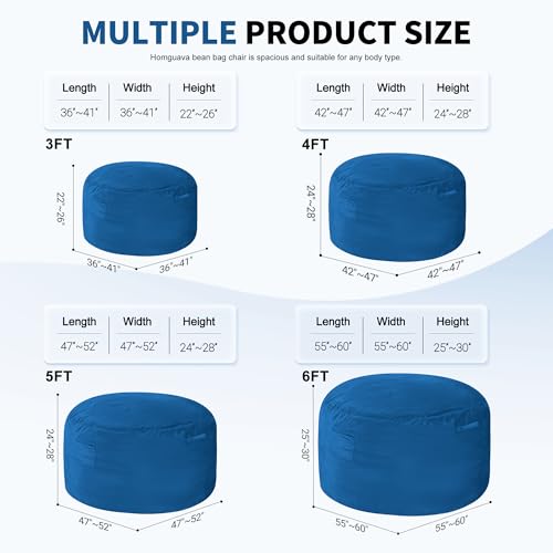 Homguava 5FT Bean Bag Chair Giant BeanBag with Memory Foam Filled, Comfy Bean Bag Chairs for Adults, Adult Bean Bag Chair with Dutch Velvet Cover for Living Room Bedroom-Blue