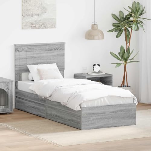 Tonture Cama de almacenamiento Sonoma gris, 75 x 190 cm, de madera, con 4 cajones, cama individual moderna para dormitorio, duradera y ahorra espacio