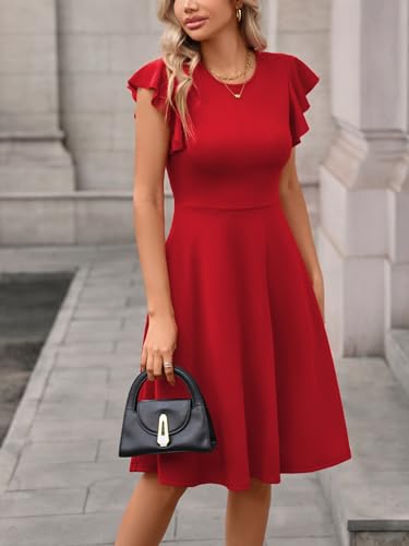 Image of MSLG Women's Fit and Flare Ruffle Short Sleeves Dresses Work V-Back Cocktail Semi Formal A Line Dress with Pockets 842