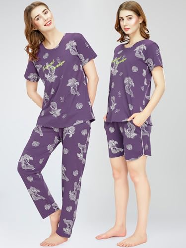 Image of ZEYO Night Suit for Women's Cheetah & Floral Printed Cotton Night Dress of Top,Pajama & Short's 3Pc'S Set 5733