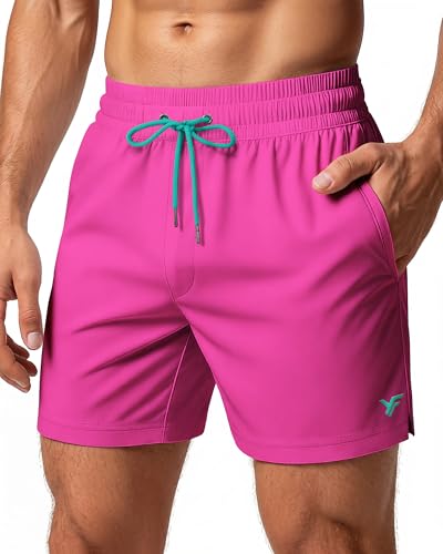 5 Inch 5in Medium Men Swim Trunks mid-Thigh with Mesh no Compression Liner Quick Dry Drawstring Male Swimwear Swimsuit Swimtrunks Boardshort Bathing Suit Beach Water Short Zipper Pocket Neon Pink