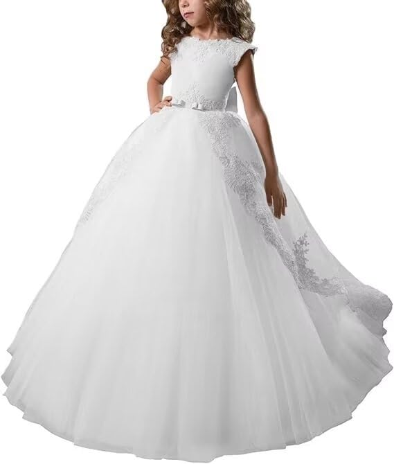 Flower Girl Dresses for Wedding Lace Applique First Communion Dress Tulle Pageant Dress Ball Gown with Bow