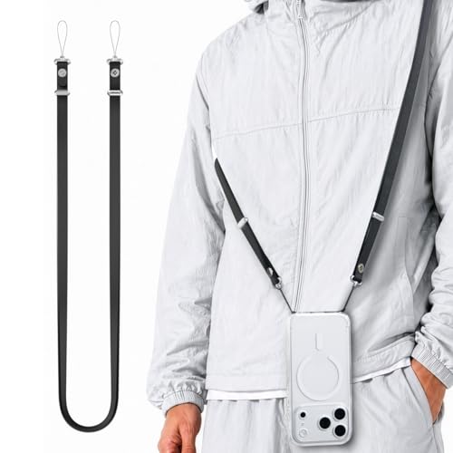 Spigen DA30L Lanyard Strap für iPhone 17 Serie Verstellbares Band für Hals Schulter & Crossbody mit Hybrid-Nylon & Wildleder Magnetische sichere Verbindung Schwarz