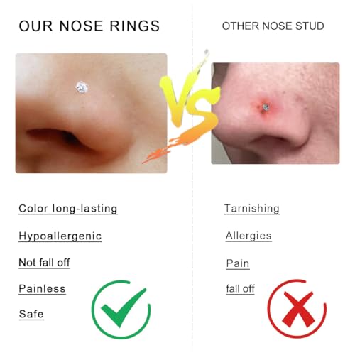 8Pcs 20G Nose Rings Studs Set for Women Men - Hypoallergenic Gold/Silver 316L Surgical Stainless Steel Nose Studs L Shaped Corkscrew Body Piercing Jewelry for Nose Earring Studs CZ 1.5mm 2mm 2.5mm 3mm3