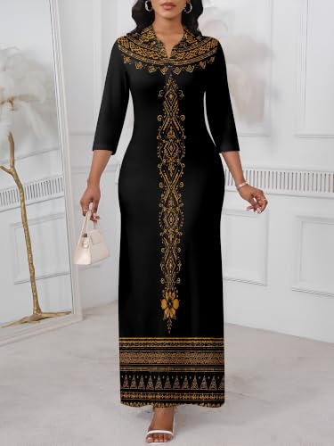 Image of PinkPatty Women's Casual 3 /4 Sleeve Polo V Neck Bodycon Maxi Dress