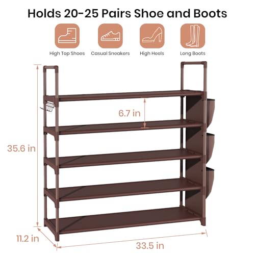 Image of VILICK Shoe Rack for Closet Shoe Organizer Space Saver Storage for 20-25 Pair Shoe Shelf with Hook and Side Pocket Free Standing 5 Tier Shoe Rack Organizer for Entryway,Small Spaces, Brown