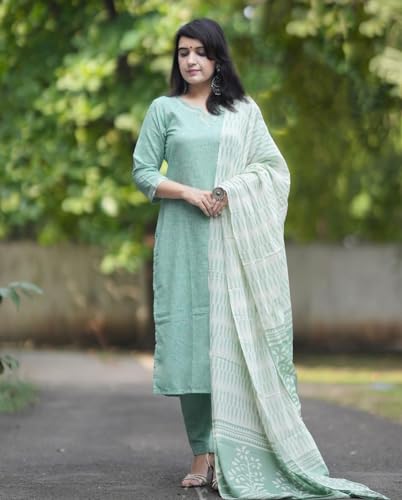 Image of ANNI DESIGNER Women's Cotton Blend Printed Straight Kurta with Pant & Dupatta