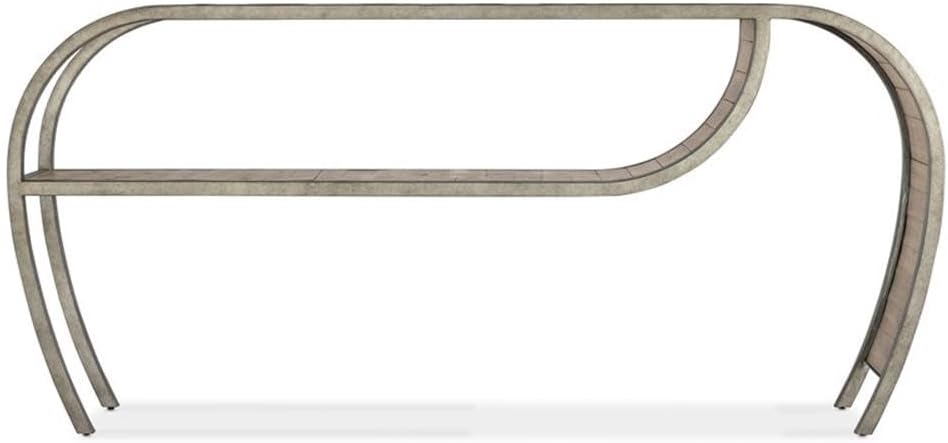 BOWERY HILL Modern Metal Console Table, Open Ended Design, 74 x 14 x 34 in, Planked Wood Motif, Medium Brown Finish, Fixed Shelf, Curved Shape, Stylish Accent Table for Entryway or Living Room Use