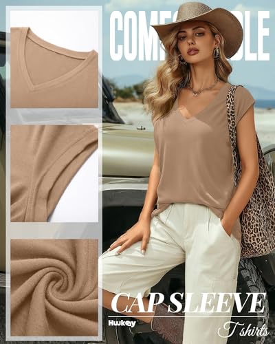 Image of Huukeay 3 Pack Women's V Neck Cap Sleeve T Shirts | Short Sleeve Basic Tees, Loose Fit Soft Tops for Women, Casual Lightweight Shirts, Everyday Summer Clothes