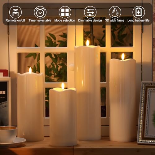 Image of Rossesay 8 inch 10 inch 12 inch 14 inch x 4 inch Large Waterproof Outdoor Flameless Candles, 4 Pcs LED Pillar Candles with Remote and Timers Battery Operated Jumbo Flickering for Home Patio Church Lanterns(White)