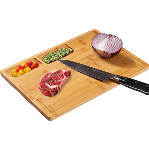 image for HHXRISE Organic Bamboo Cutting Board, With 3 Built-In Compartments And