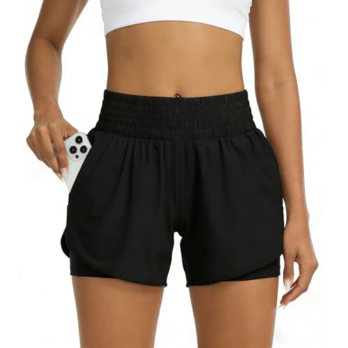 GOZINA Womens 2-in-1 Running Shorts with Phone Pocket Lightweight Gym Yoga Ladies Sports Shorts for Running Hiking & Training (M Black)