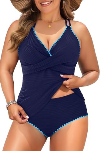 Tempt Me Women Plus Size Tankini Swimsuits - Two Piece Tummy Control Bathing Suits Ribbed Swimwear 2026 High Waisted Bottom Navy 20W