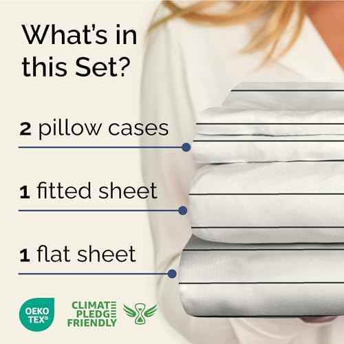 Image of King 4 Piece Striped Sheet Set - Soft, Breathable & Cooling - Cream Stripe | 1 Flat, 1 Fitted & 2 Pillowcases w / Deep Pockets, Luxury Striped Bedding, Soft, Breathable & Cooling, Wrinkle & Fade Free