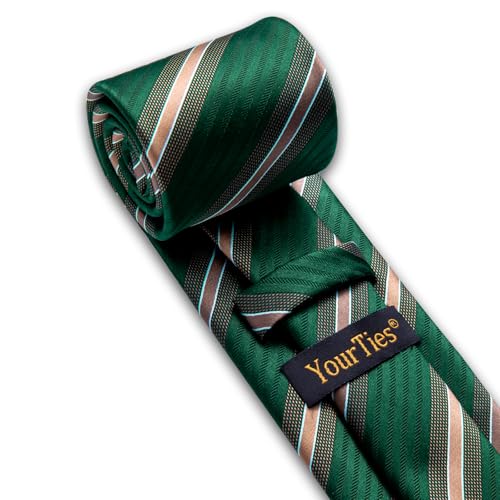Image of YourTies Green Christmas Ties for Men Striped Tie Woven Silk Necktie Handkerchief Cufflinks Set Formal Business Party Wedding