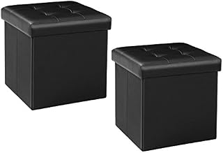Bonlife Pack of 2 Black Folding Storage Ottoman Box,Footstool Faux Leather Storage Box with Lid,Toy Chest Cube Foot Rest Seat 32cm