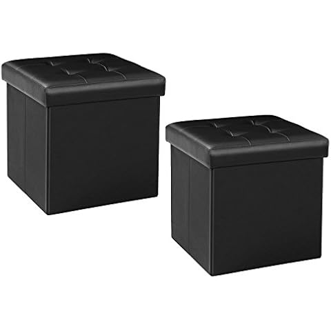 Bonlife Pack of 2 Black Folding Storage Ottoman Box,Footstool Faux Leather Storage Box with Lid,Toy Chest Cube Foot Rest Seat 32cm Cover