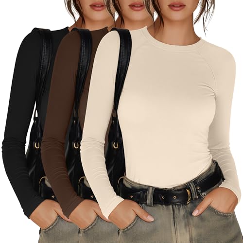 3 Pack Women's Long Sleeve Shirts, Raglan Crew Neck Tops Slim Basic Cotton Tees Solid Casual Trendy Shirts