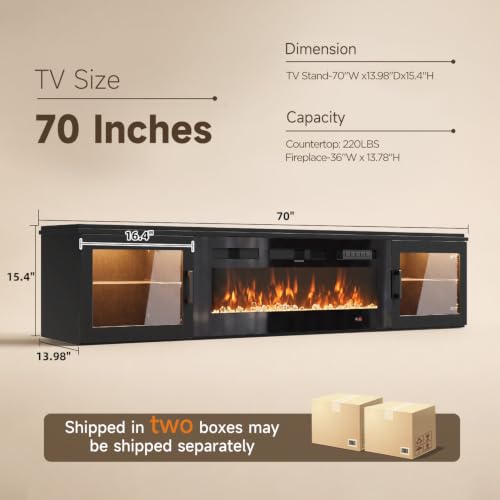 Image of 70 inch Floating TV Stand with Fireplace, High Gloss Finish Wall Mounted Fireplace Entertainment Center with Storage for TVs Up to 80 inch, Black